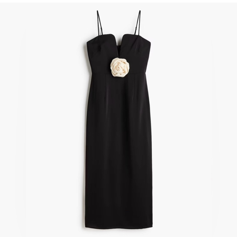 Black Midi Dress with Ivory Rose Detail Spaghetti Strap Elegant Bodycon - Picture 2 of 6